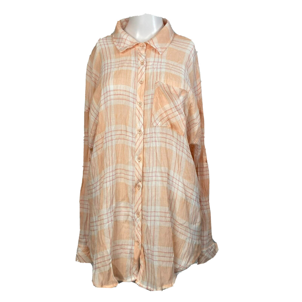 Torrid Shirt Womens Sz 0‎ L 12 Peach Plaid Button Up Top Lightweight Long Sleeve